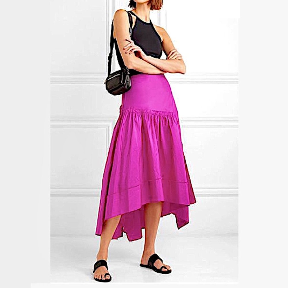3.1 Phillip Lim Silk Taffeta Asymmetric Shirred Skirt in Fuchsia